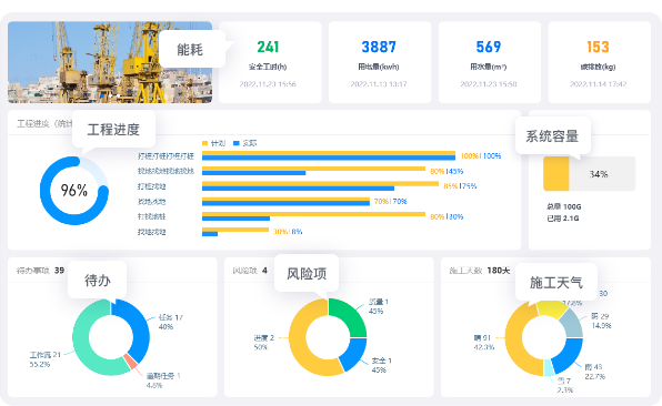 查看整个项目的情况，包括项目进度、待办事项、存在的风险项、施工天气统计、能耗统计等。