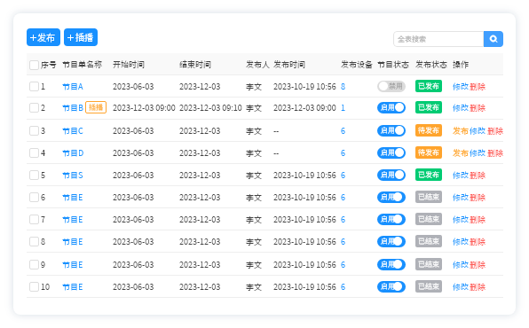 可发布视频、图片、文档等，设定播放时间和时长，设定播放的设备有哪些。也可以临时插播节目。